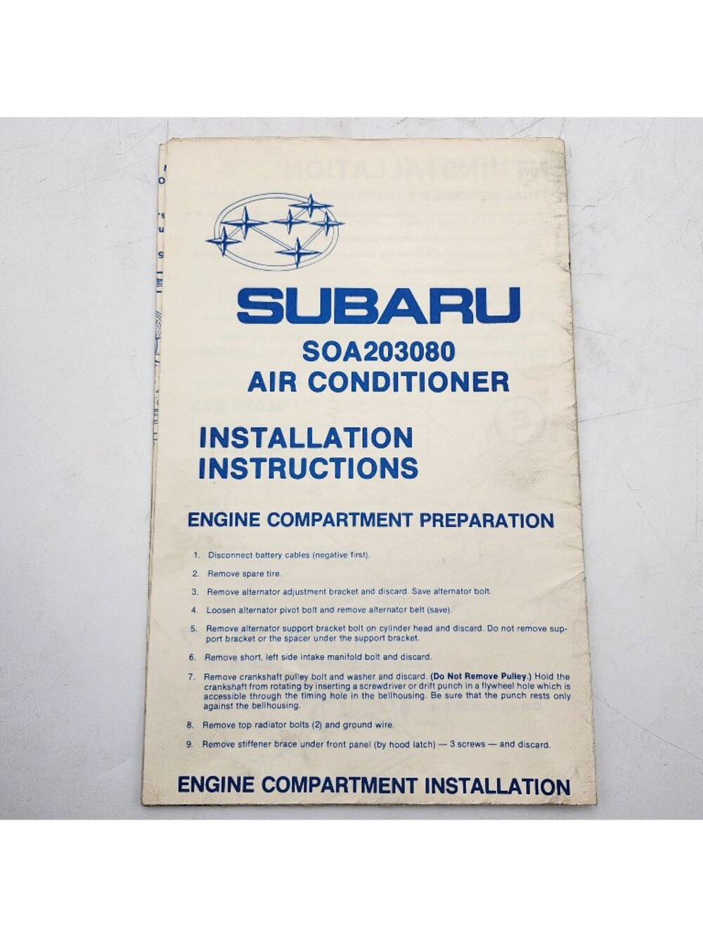 Subaru Air Conditioner Installation Instructions Manual SOA203080